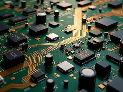 高精度电子电路板，表面光滑，铜线清晰可见，专业工业设备背景，明亮自然光