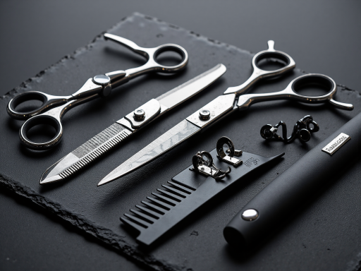 现代化美容美发工具，金属质感，流线型设计，白色背景，专业摄影灯光